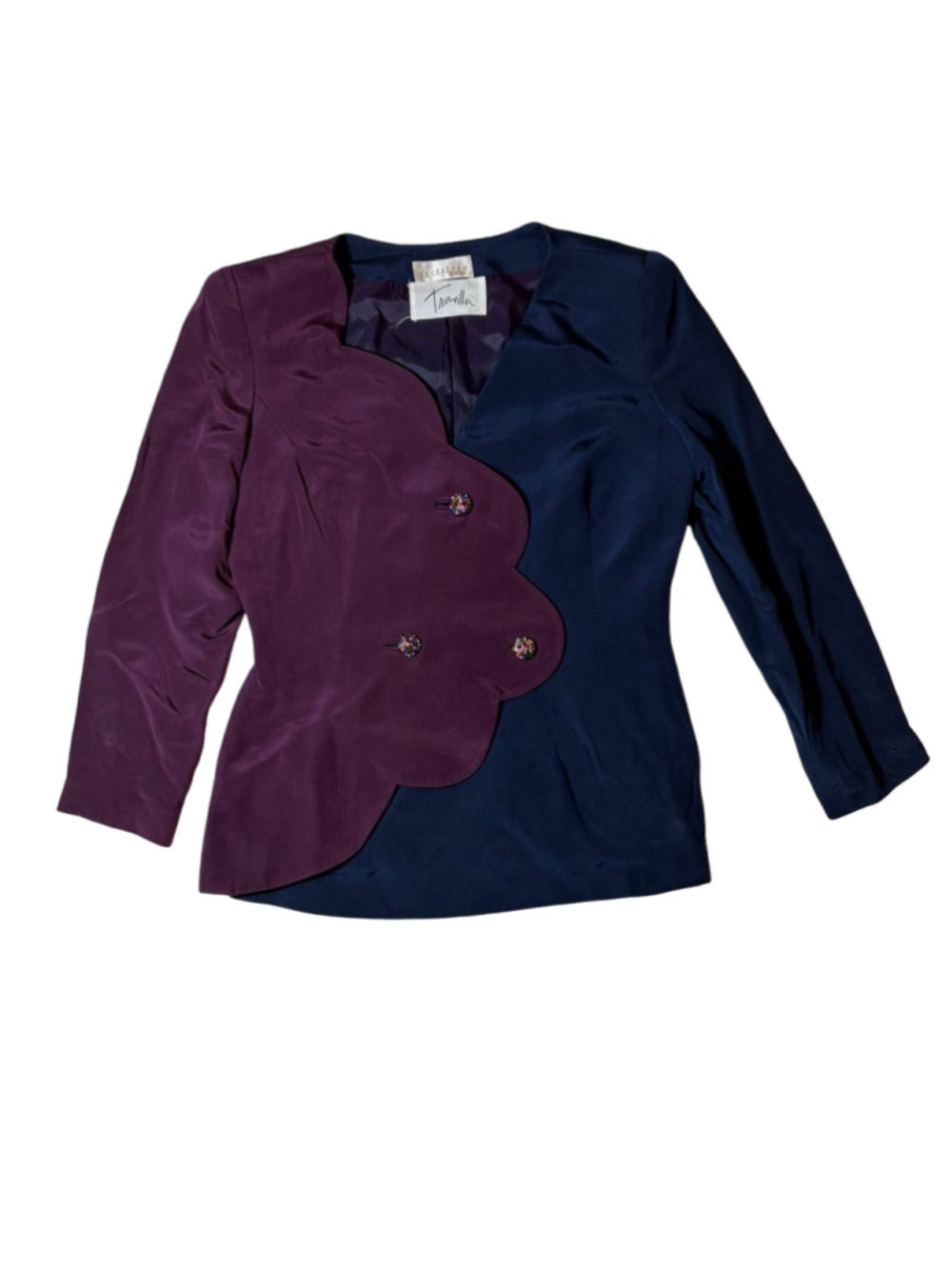 Vintage Travilla Blazer Womens 6 Purple Navy Scalloped Rhinestone Button Jacket